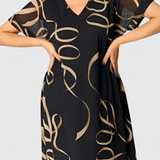 Allegra Vestido Negro con Estampado Abstracto en Oro y Escote en V