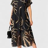 Allegra Vestido Negro con Estampado Abstracto en Oro y Escote en V