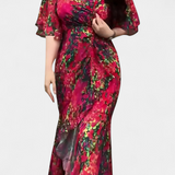 Sima Vestido Cruzado Estampado con Escote en V y Mangas Acampanadas