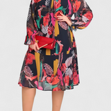 Annegret Vestido Midi Floral con Mangas Largas y Corte Fluido