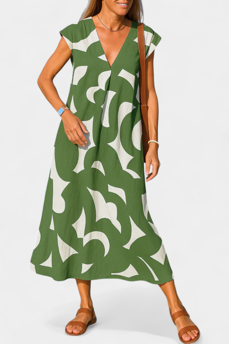 Asela Vestido Casual con Escote en V y Estampado Mixi