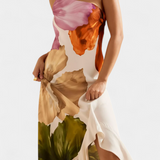 Almudena Vestido Elegante con Patchwork y Cuello Asimétrico