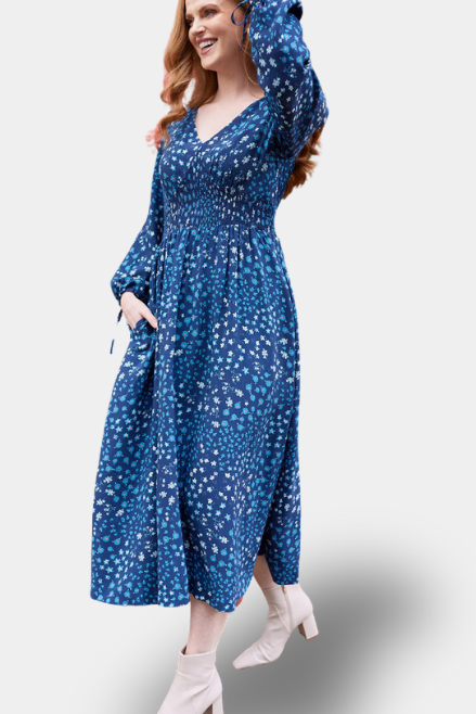 Maddie - Vestido de Cuello en V - Floral Azul