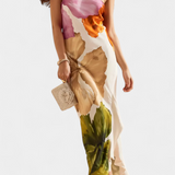 Almudena Vestido Elegante con Patchwork y Cuello Asimétrico