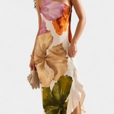 Almudena Vestido Elegante con Patchwork y Cuello Asimétrico