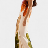 Almudena Vestido Elegante con Patchwork y Cuello Asimétrico