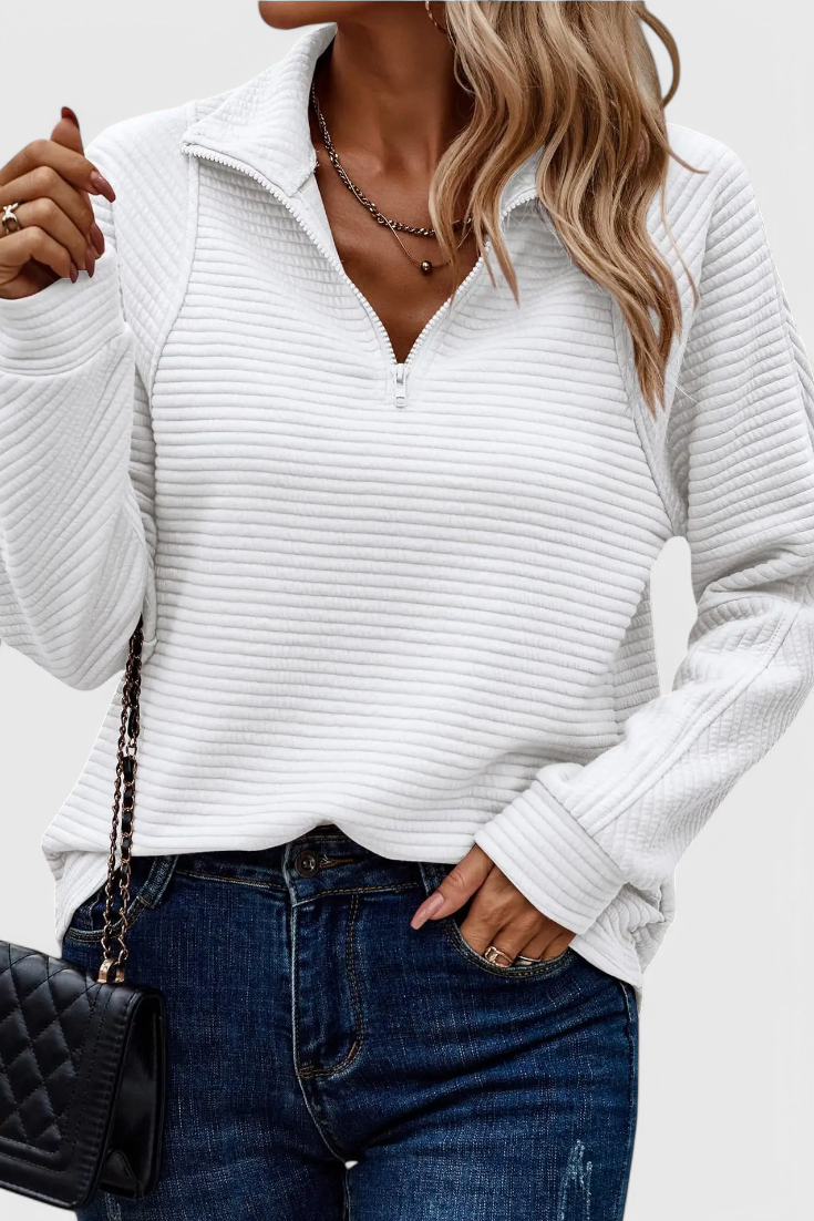 Helene Jersey de Cuello en V con Cremallera y Manga Larga