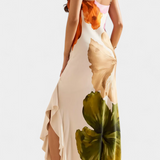 Almudena Vestido Elegante con Patchwork y Cuello Asimétrico