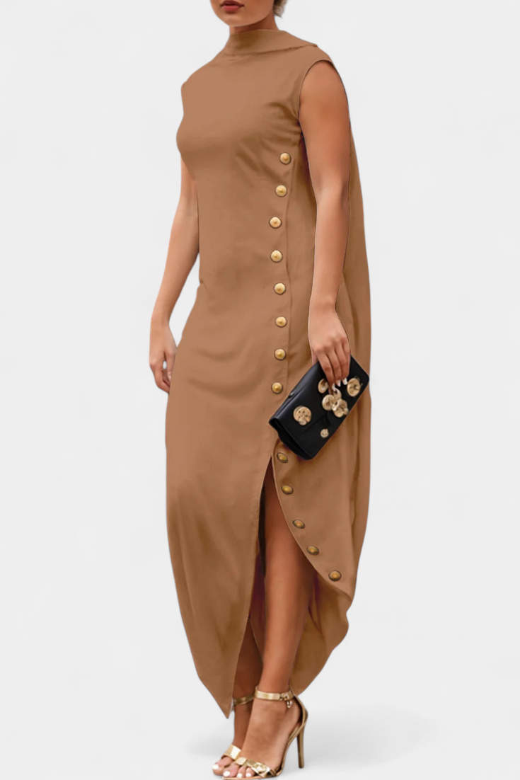 Aphrodite Vestido Asimétrico con Botones Dorados Decorativos