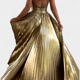 Aikaterini Vestido Maxi Metálico con Cuello Cruzado y Abertura