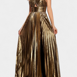 Aikaterini Vestido Maxi Metálico con Cuello Cruzado y Abertura