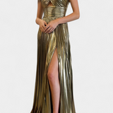 Aikaterini Vestido Maxi Metálico con Cuello Cruzado y Abertura