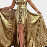 Aikaterini Vestido Maxi Metálico con Cuello Cruzado y Abertura