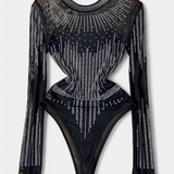 Antonella Body de Malla Transparente con Mangas Largas y Brillos