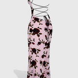 Irina Vestido Deslizante de Satén con Estampado Floral y Espalda Descubierta