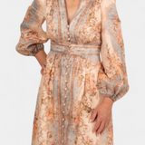 Dorotila Vestido Maxi Acampanado con Estampado Floral, Botones y Mangas Globo