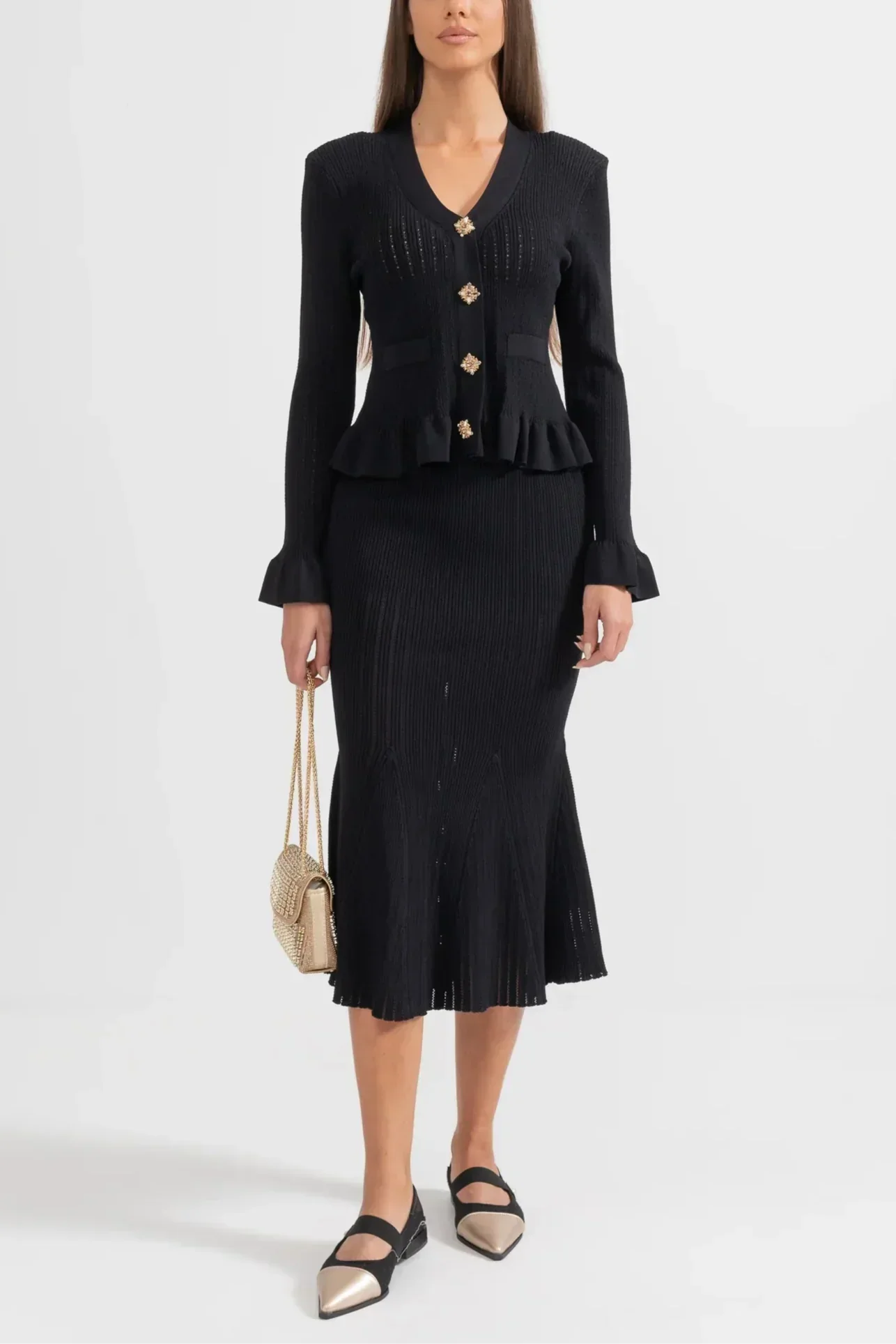 Prudence Conjunto de Vestido Midi de Punto Refinado y Top con Botones