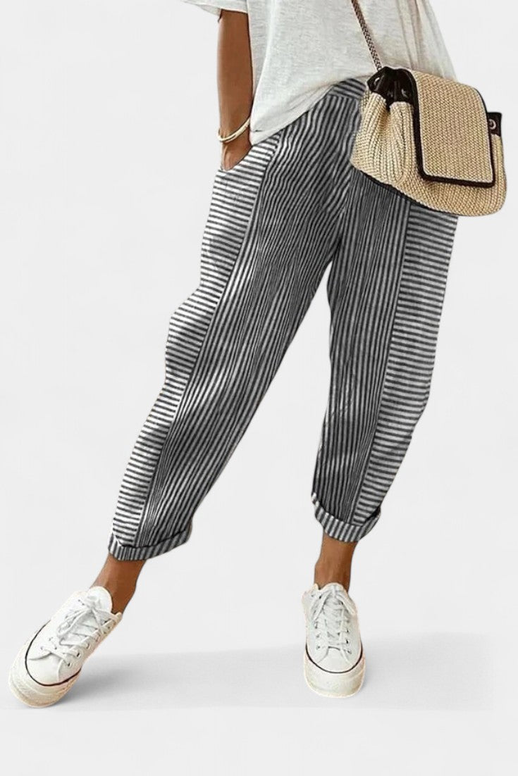 Alba Pantalones de Mezcla de Lino a Rayas