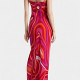 Valera Vestido Largo con Estampado de Remolino y Corte Sin Mangas