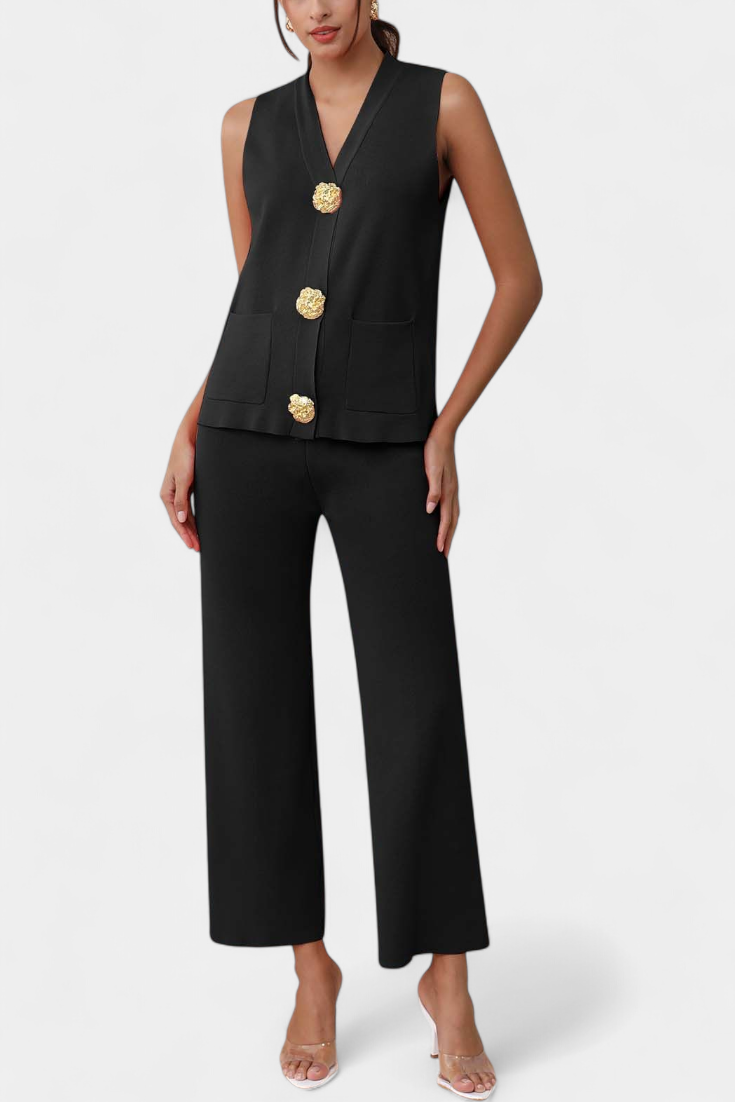 Jacey Conjunto de Punto con Chaleco y Pantalón de Pierna Ancha