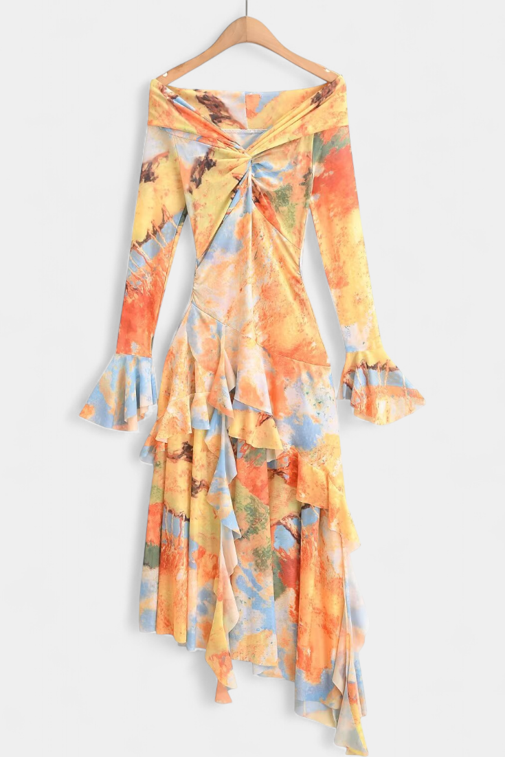Agentha Falda Larga Asimétrica con Estampado Tie-Dye