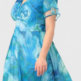 Almira Vestido Azul de Gasa con Estampado Acuarela