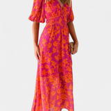 Wren Vestido Midi Floral con Escote en V y Mangas Abullonadas