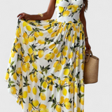 Huda Vestido Maxi Estampado de Limones con Tirantes y Abertura Lateral