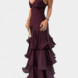 Atlana Vestido Maxi Burdeos con Volantes en Capas