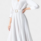 Michelle Vestido Midi con Cuello Sastrero y Cinturón Plisado