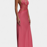 Ashanty Vestido Largo con Escote Halter y Cintura de Encaje Transparente