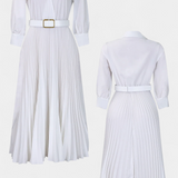 Michelle Vestido Midi con Cuello Sastrero y Cinturón Plisado