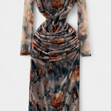 Jaenia Vestido Ajustado con Estampado Floral y Cuello Cuadrado