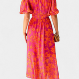 Wren Vestido Midi Floral con Escote en V y Mangas Abullonadas