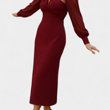 Julissa Vestido Midi Burdeos con Detalle Anudado y Espalda Abierta