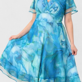 Almira Vestido Azul de Gasa con Estampado Acuarela