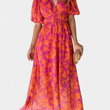 Wren Vestido Midi Floral con Escote en V y Mangas Abullonadas