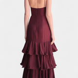 Atlana Vestido Maxi Burdeos con Volantes en Capas