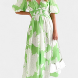 Wren Vestido Midi Floral con Escote en V y Mangas Abullonadas