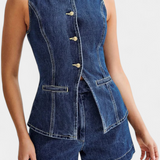Raya Chaleco Denim sin Mangas y Shorts de Talle Alto