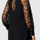 Bellezza Vestido Negro con Mangas de Malla y Corte Holgado