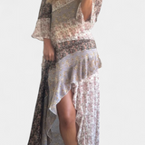 Ruth Vestido Largo Floral con Mangas 3/4 y Paneles Volantes
