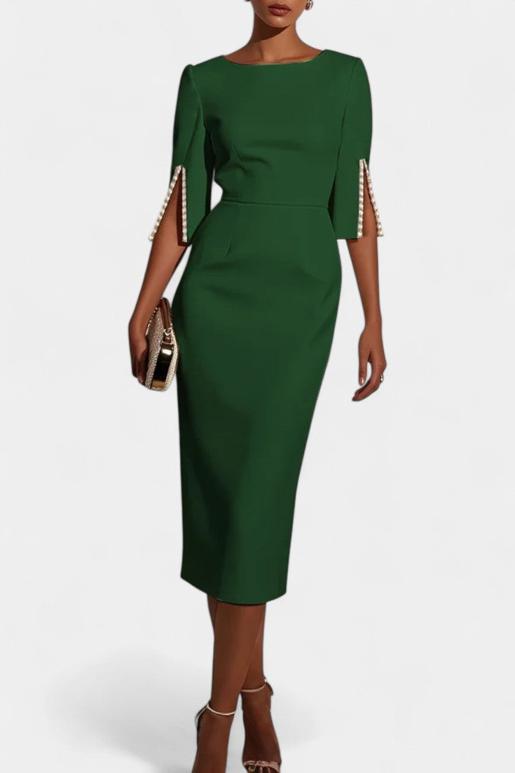 Reece Vestido Midi con Perlas y Cuello Redondo