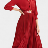 Michelle Vestido Midi con Cuello Sastrero y Cinturón Plisado