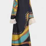 Kiara Vestido Maxi Retro con Flecos de Plumas