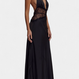 Ashanty Vestido Largo con Escote Halter y Cintura de Encaje Transparente