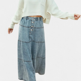 Lorraine Falda Maxi de Denim con Detalle de Pluma