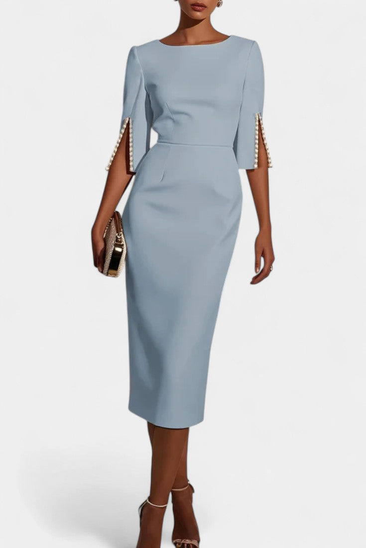 Reece Vestido Midi con Perlas y Cuello Redondo