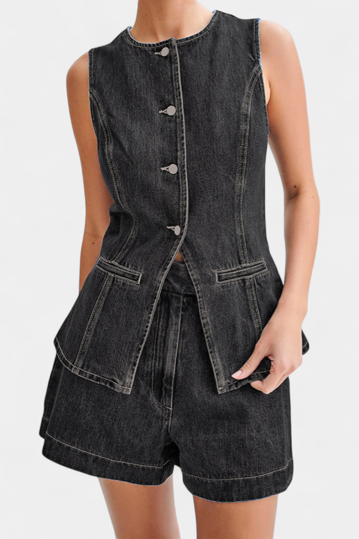 Raya Chaleco Denim sin Mangas y Shorts de Talle Alto