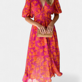 Wren Vestido Midi Floral con Escote en V y Mangas Abullonadas